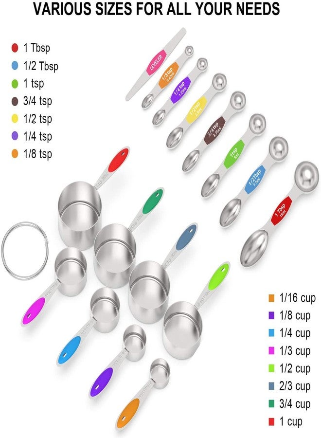 Wildone Measuring Cups and Magnetic Measuring Spoons Set, Wildone Stainless Steel 16 Piece Set, 8 Measuring Cups & 7 Double Sided Stackable Magnetic Measuring Spoons & 1 Leveler - Image 2